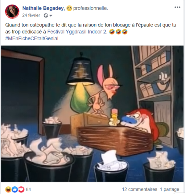 Capture du Post Facebook expliquant que j'avais trop dédicacé et que ça m'avait bloqué l'épaule