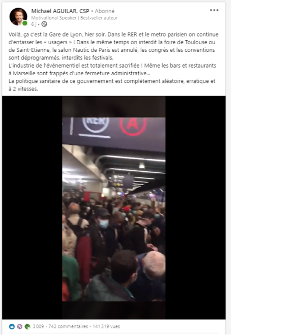 Post de Michael Aguilar montrant une foule compacte dans les transports