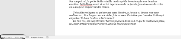Dernière page du manuscrit où l'on peut lire 72 pages et 32785 mots