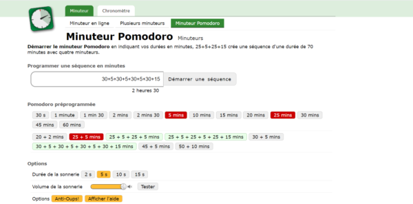 fenêtre paramètres Pomodoro