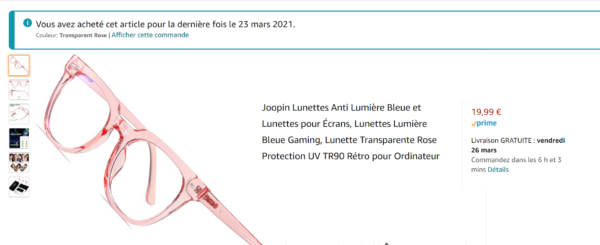 Page d'achat Amazon Lunettes filtre bleu
