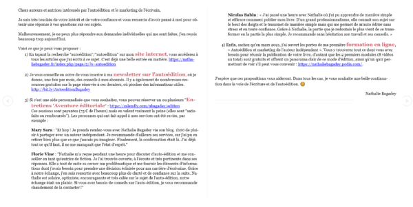 Lettre expliquant les ressources disponibles en autoédition