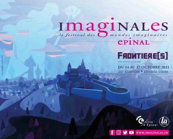 Affiche des Imaginales - tons roses, mauve et bleu, influence russe sur les lieux d'épinal