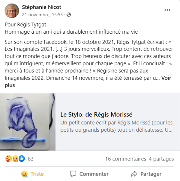 Post Facebook de Stéphanie Nicot - Hommage à Régis Tytgat