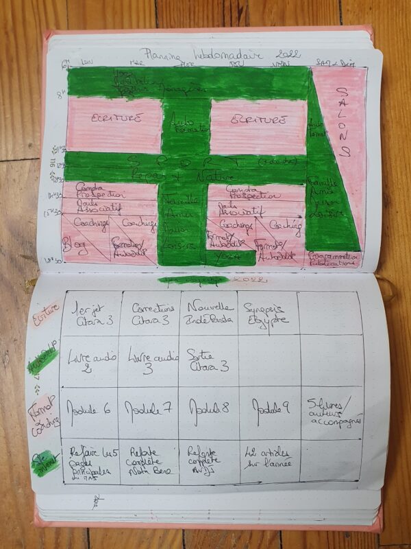les deux pages (objectifs et routine) côte à côte dans mon bullet journal