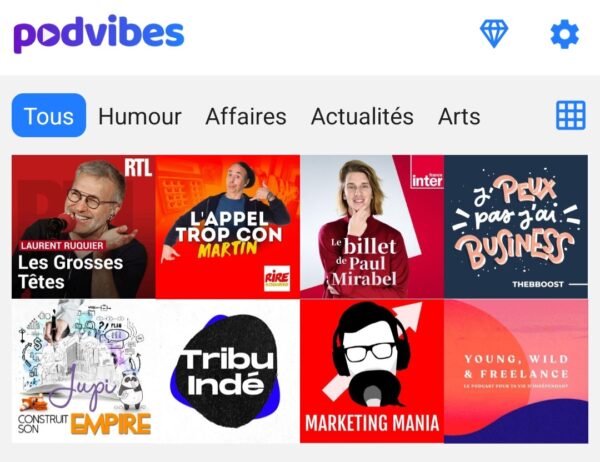 Menu de mon compte Podvibes - 8 podcasts