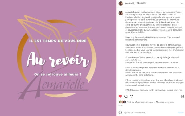 Message d'au revoir d'Aemarielle sur Instagram