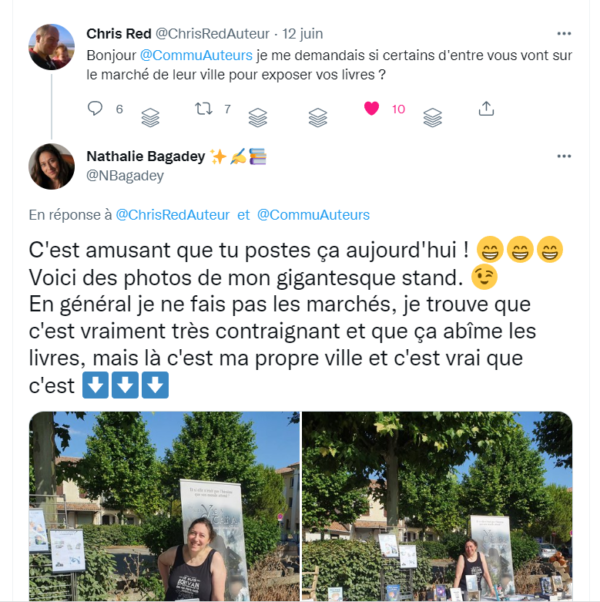 échange de tweets entre Chris Red et Nathalie Bagadey au sujet des dédicaces sur les marchés