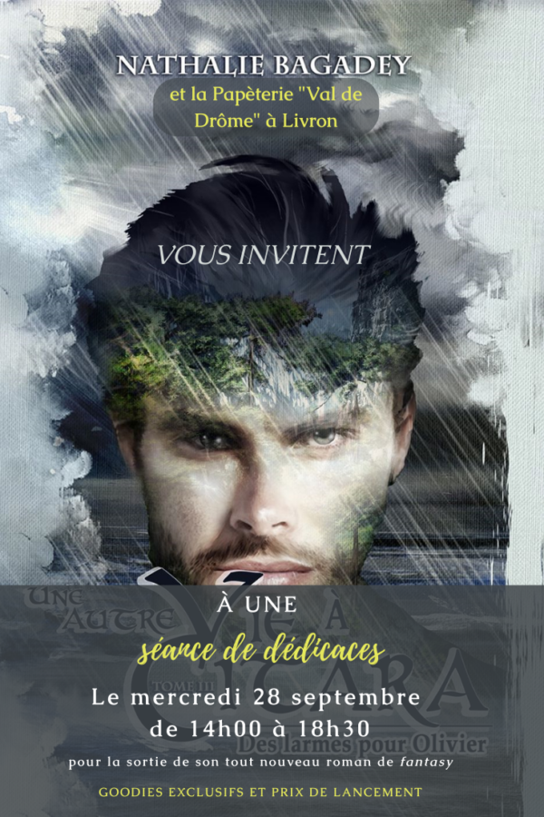 Affiche de la séance de dédicace avec la couverture en toile de fond Citara 3