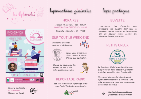Alt- Recto de la brochure du programme des Optimales, avec l'affiche et les infos générales, aux tons de rose