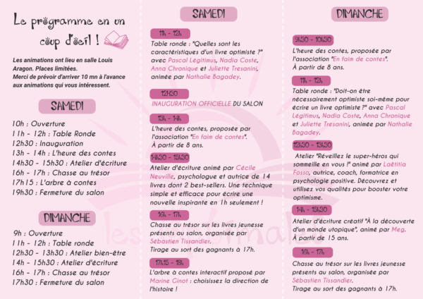 Alt- Verso de la brochure du programme des Optimales, avec l'affiche et les infos détaillées jour par jour, aux tons de rose