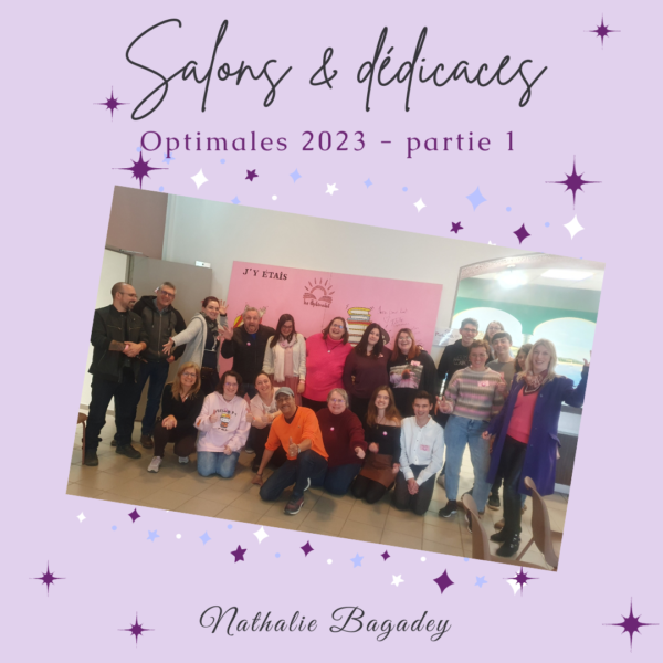 Post de présentation de l'article : fond mauve pour les salons, étoiles roses et violettes, photo des bénévoles avec Pascal Légitimus