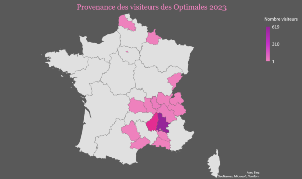 Carte de France représentant les départements des visiteurs présents aux Optimales 2023 : majoritairement de la Drôme et de l'Ardèche, mais également de Lyon, Grenoble, Marseille, ou d'encore plus loin, comme le Pas-de-Calais ou les Ardennes.