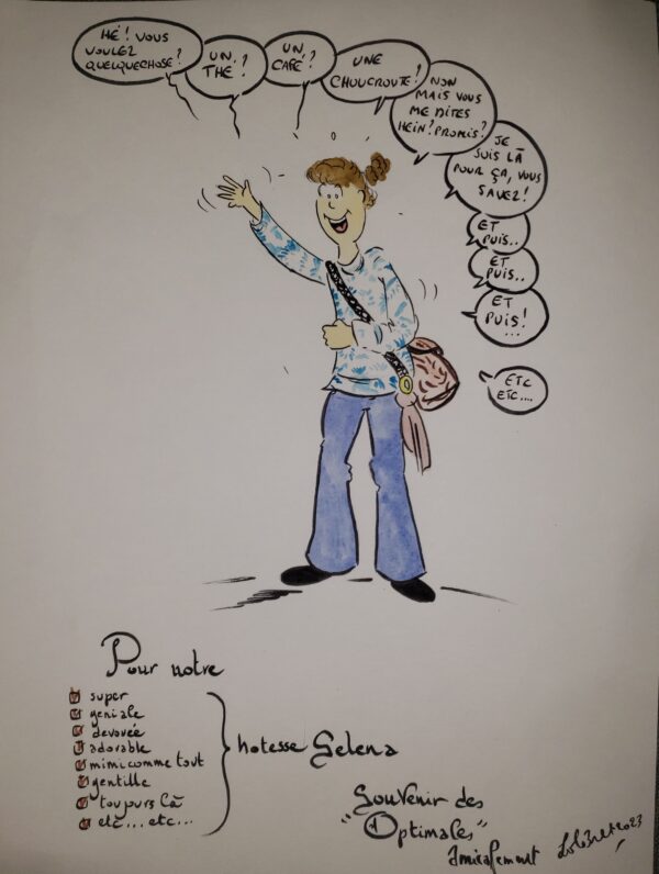 Dessin réalisé par lolo bret montrant une jeune femme (Séléna) avec 10 bulles d'affilée indiquant ce qu'elle peut apporter aux exposants. 
