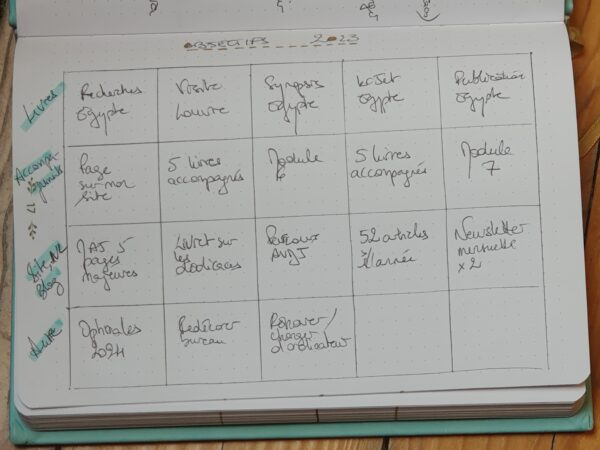 Photo du bingo des objectifs figurant dans mon bujo : 5 colonnes et 4 lignes.