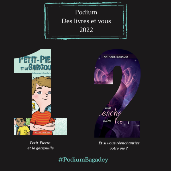 Présentation du "Podium" des livres les plus vendus sur le salon : en 1, Petit-Pierre et la gargouille et en 2 Et si vous réenchantiez votre vie ? 