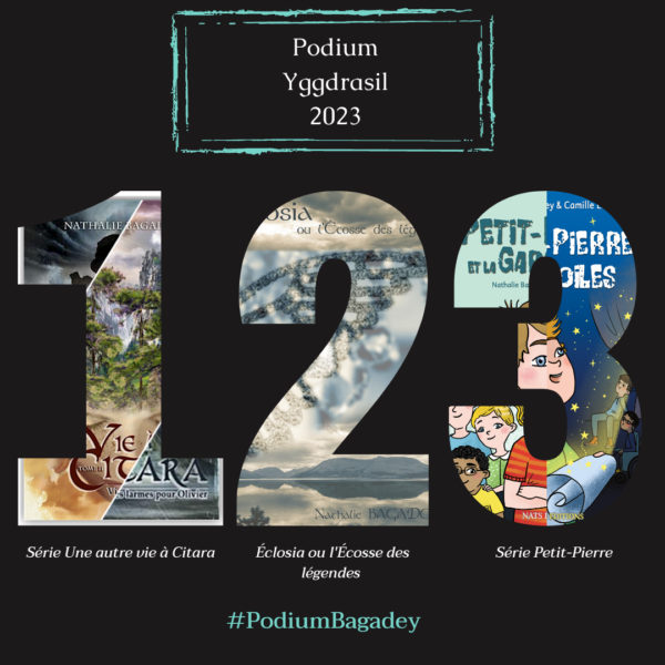 Podium des livres les plus dédicacés à Yggdrasil 2023 : en 1, la série Citara, en 2 Eclosia et en 3 la série Petit-Pierre.