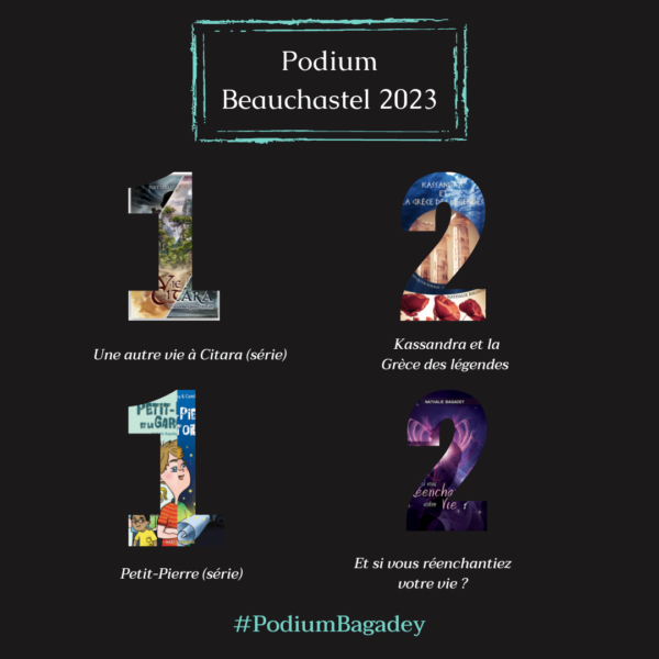 Podium final des livres les plus dédicacés par Nathalie Bagadey au salon de Beauchastel : en 1 ex-aequo les séries Citara et Petit-Pierre et en 2 ex-aequo, Kassandra et la Grèce des légendes et Et si vous réenchantiez votre vie ?