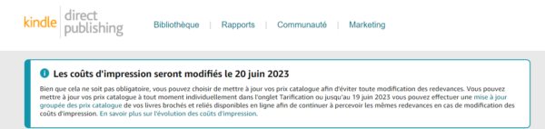 Capture d'écran du tableau de contrôle sur KDP avec l'annonce de l'augmentation dans un encadré en gras