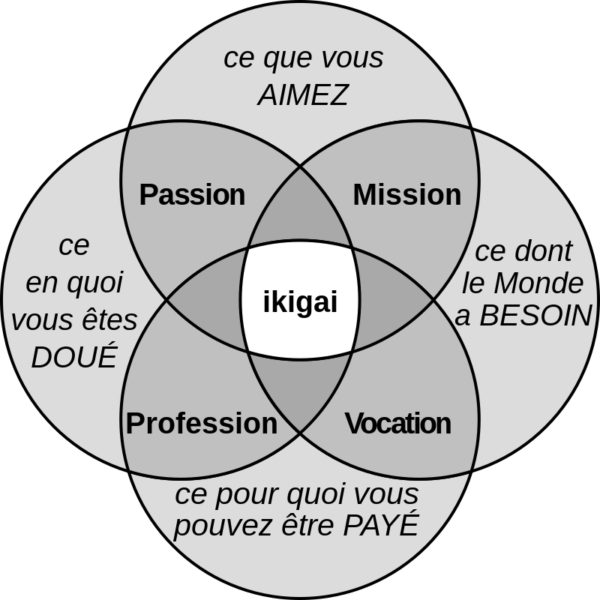 Figure représentant 4 cercles se croisant, avec comme zone commune au centre, le mot "ikigai".
