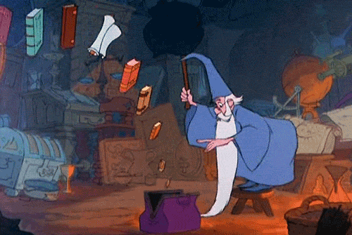 Gif où l'on voit Merlin l'enchanteur faire rentrer des livres dans un sac grâce à sa baguette magique
