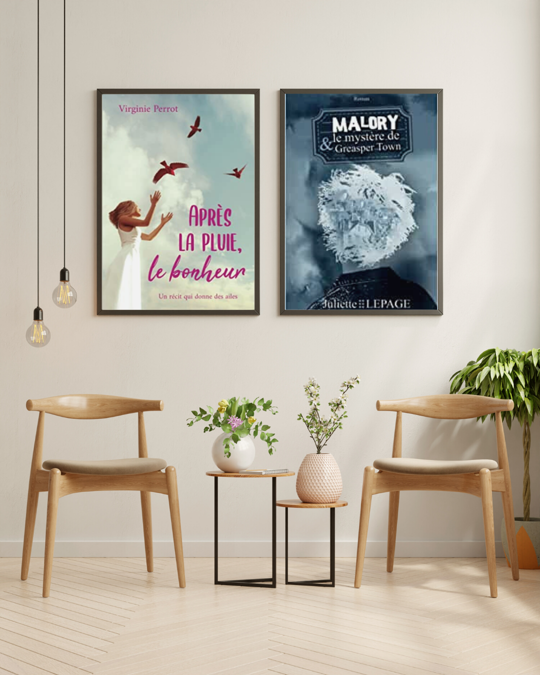 Couvertures de deux autres livres accompagnés, encadrées et affichées sur le mur d'un bureau virtuel.