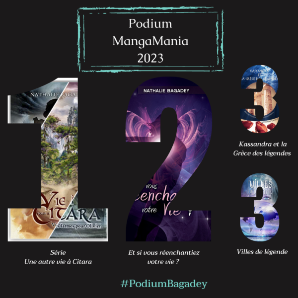 Sur fond noir, chiffres 1 et 2 en gros, et 2 chiffres 3 en plus petit (ex-aequo) avec le hashtag #PodiumBagadey