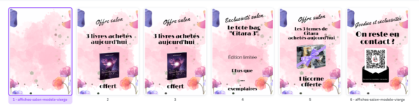 Capture d'écran des affiches verticales réalisées pour le stand de Nathalie Bagadey : promotions, offres exclusives...