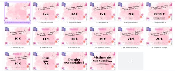 Capture d'écran des affichettes et étiquettes de prix horizontales utilisées sur le stand de Nathalie Bagadey