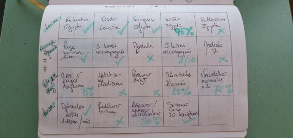 photo de mon bingo des objectifs dans mon bullet journal avec l'état de complétude pour chacune des vingt cases concernées
