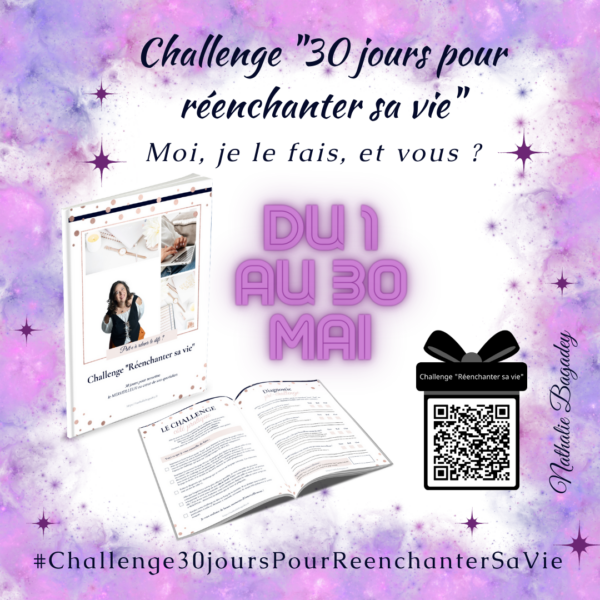 Visuel de présentation. Bordure mauve étoilée, avec le carnet de challenge en photo et la date du 1 au 30 mai. Texte : 